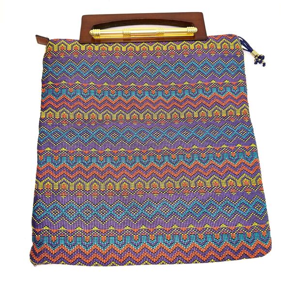 Duro Olowu Handbags - Duro Olowu Rare Beaded Geometric Clutch Wooden Handle Luxury Designer Bag